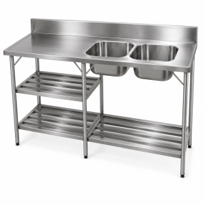 Pia Industrial de Inox com Cubas e Duas Prateleiras sob Medida- Ref 83