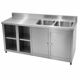 Bancada em Aço Inox sob Medida com Cuba, Prateleiras e Portas-Ref 29