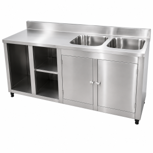 Gabinete em Aço Inox com Portas e Cubas- Ref 53