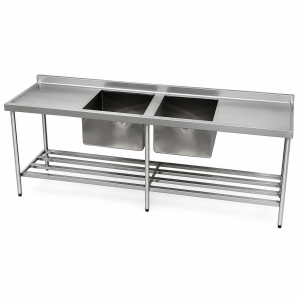 Pia em Aço Inox com Duas Cubas e Prateleira Dupla Gradeada - Ref 111